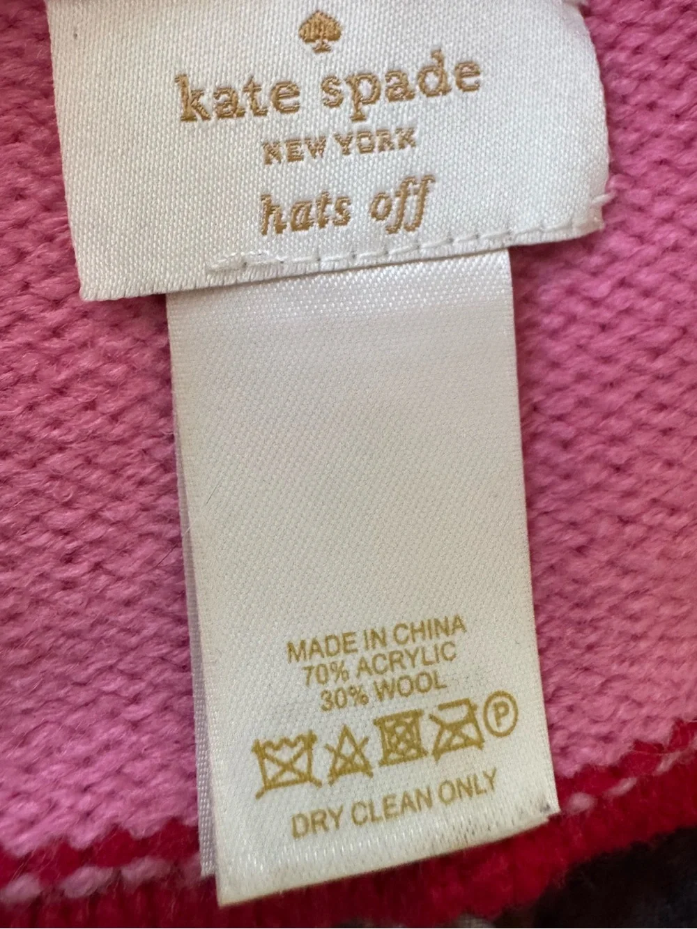 Kate Spade New York Pink Red Colorblock Pom Pom Beanie Hat Wool Blend